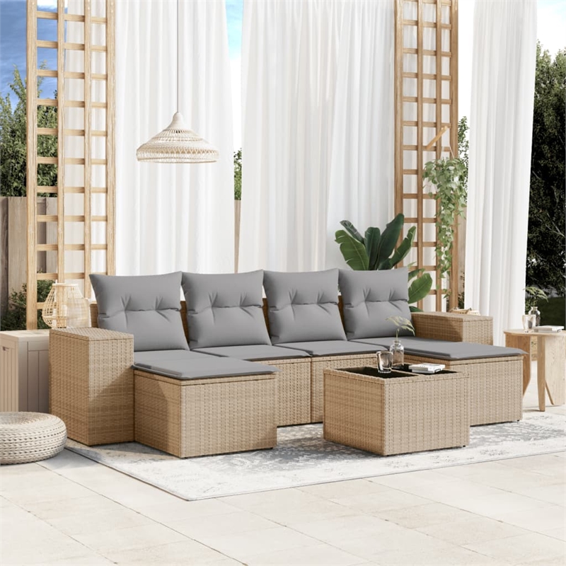 Afuera Living Contemporary 7 Piece Poly Rattan Sofa Set in Gray/Beige