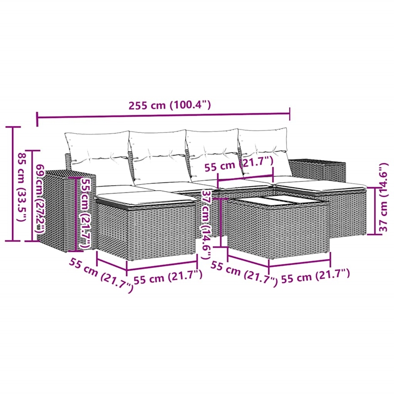 Afuera Living Contemporary 7 Piece Poly Rattan Sofa Set in Gray