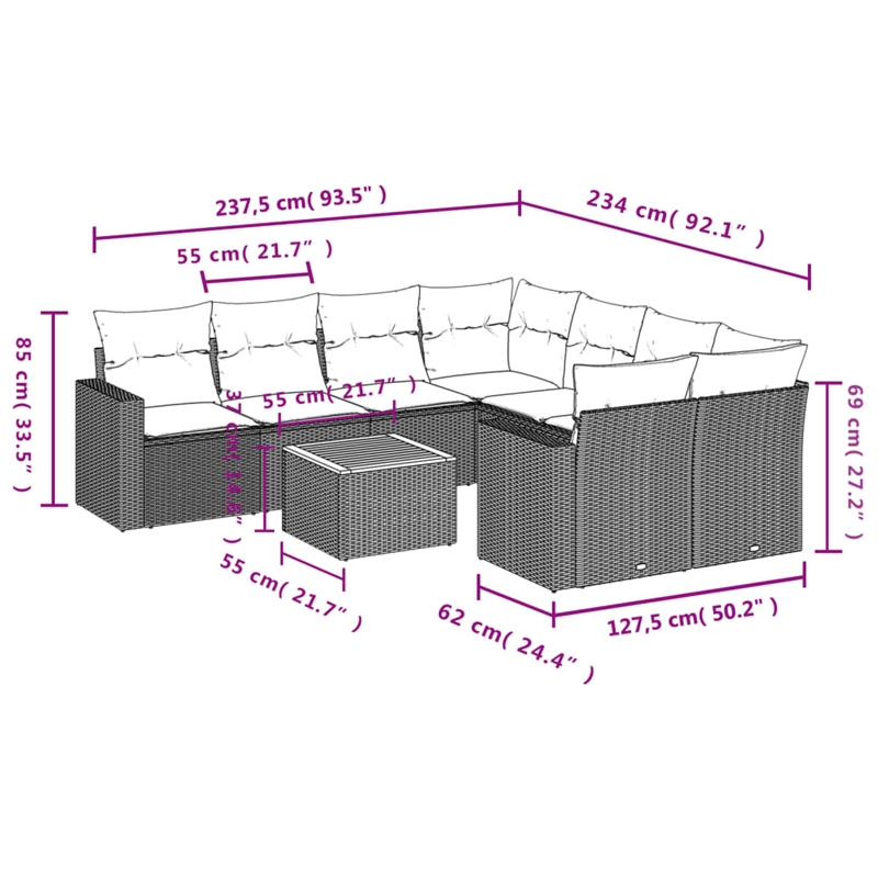 Afuera Living Contemporary 9 Piece Poly Rattan Sofa Set in Beige