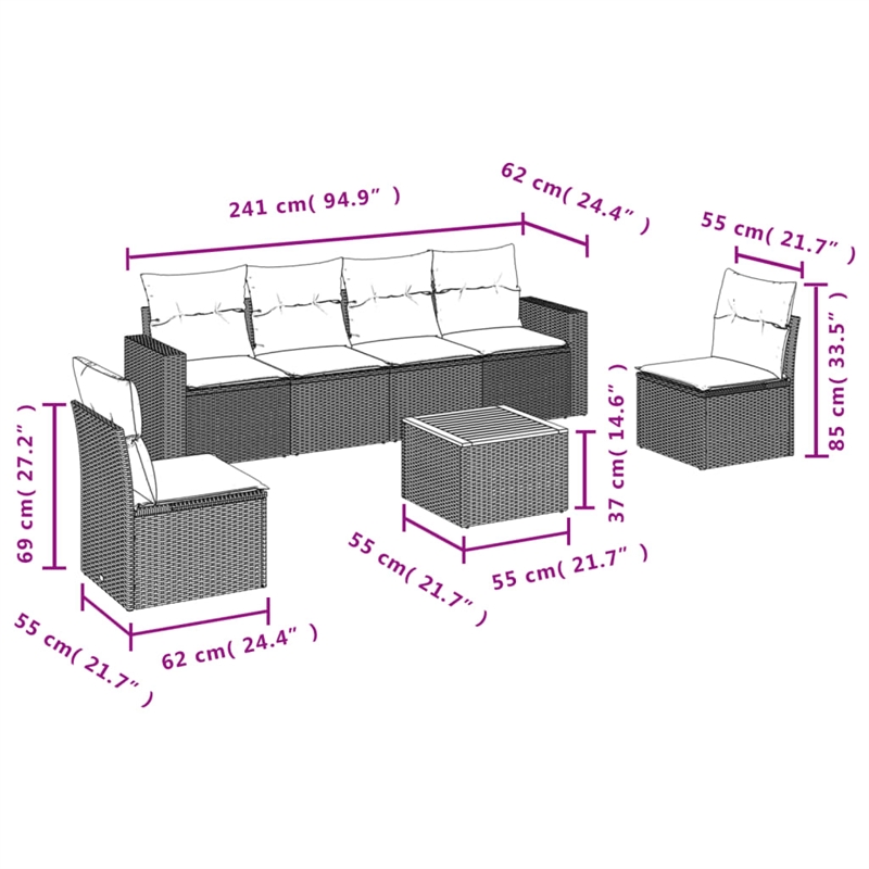 Afuera Living Contemporary 7 Piece Poly Rattan Sofa Set in Black