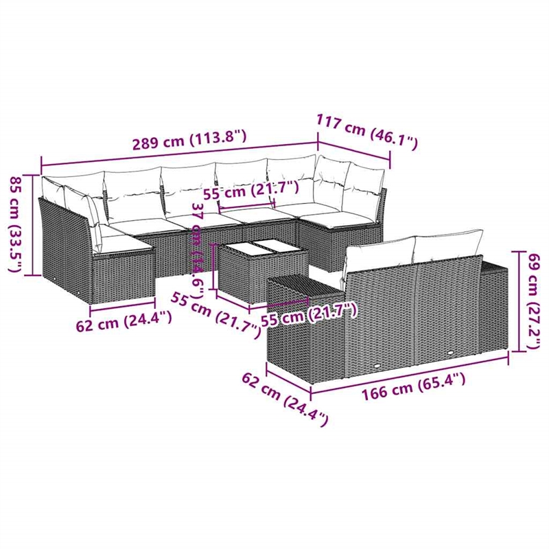Afuera Living 10 Piece Poly Rattan Large Sofa Set with Removable Covers in Gray