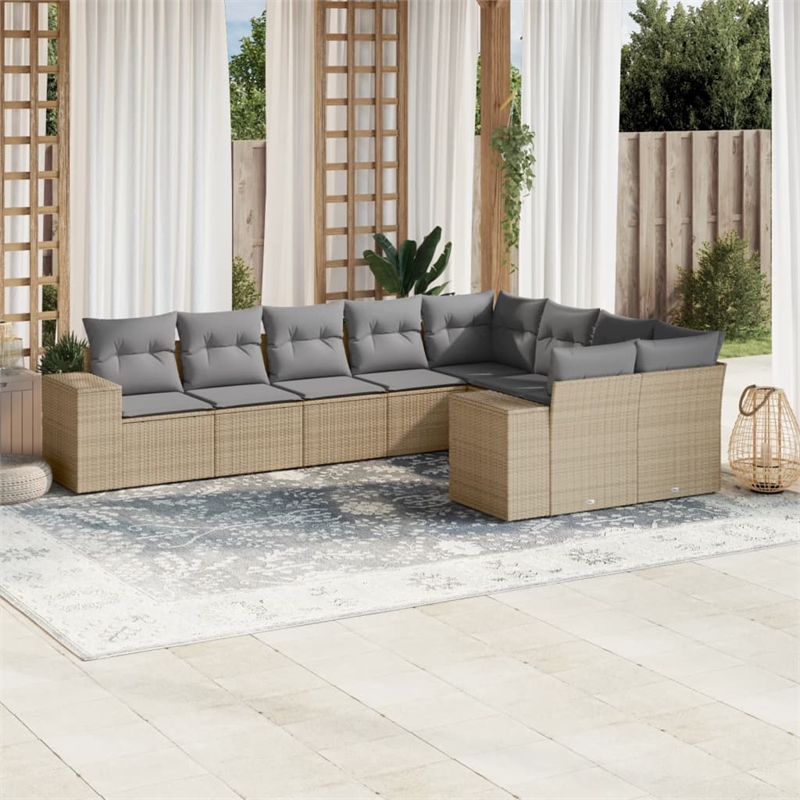 Afuera Living Contemporary Synthetic Poly Rattan 9 Piece Sofa Set in Beige