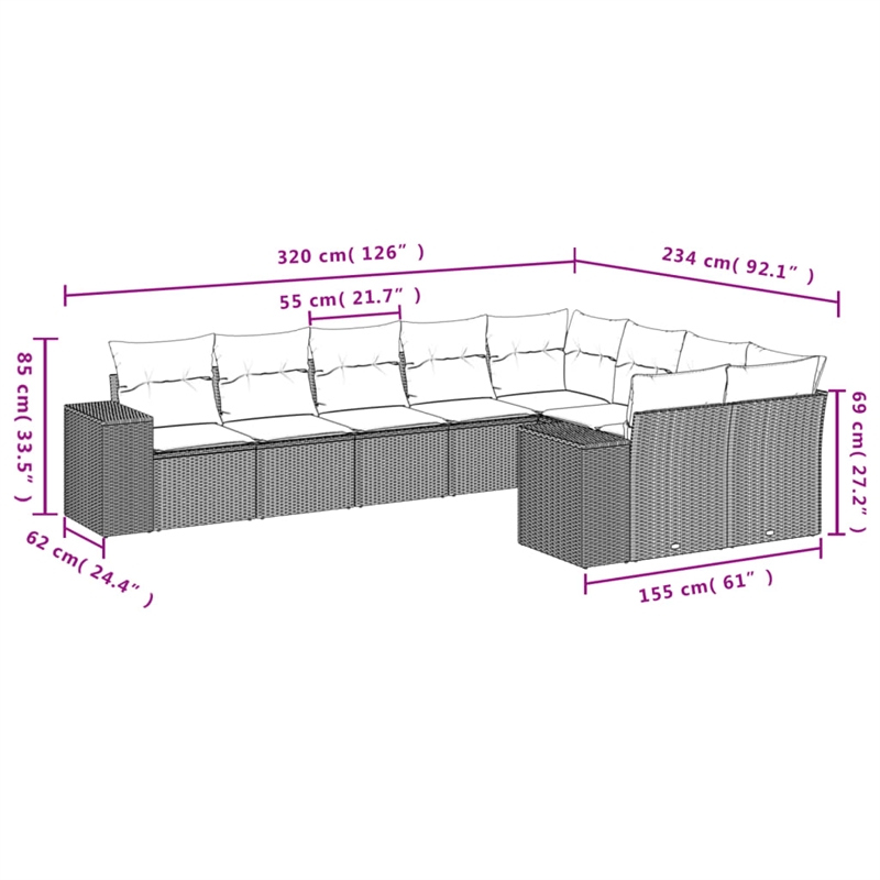 Afuera Living Contemporary Synthetic Poly Rattan 9 Piece Sofa Set in Beige