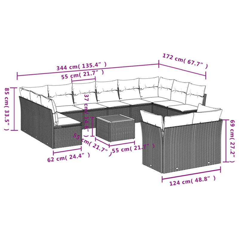 Afuera Living 13 Piece Poly Rattan Small Sofa Set in Gray/Brown/Beige