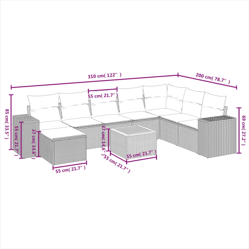 Afuera Living Contemporary 9 Piece Poly Rattan Sofa Set in Black