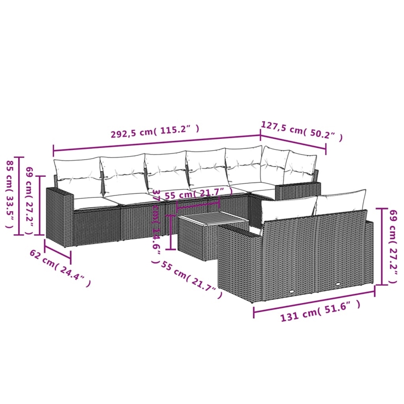 Afuera Living Contemporary 9 Piece Poly Rattan Sofa Set in Black/Brown