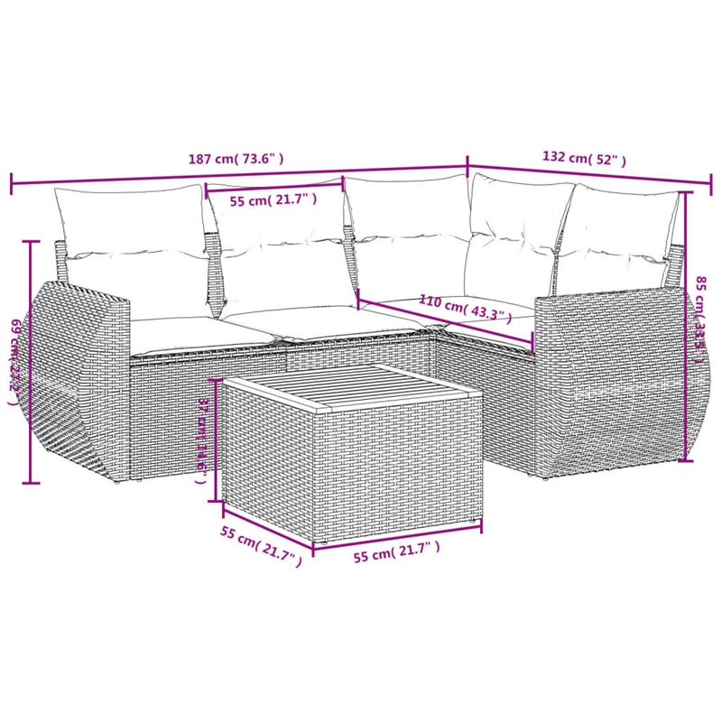 Afuera Living Contemporary Synthetic Poly Rattan 5 Piece Sofa Set in Gray