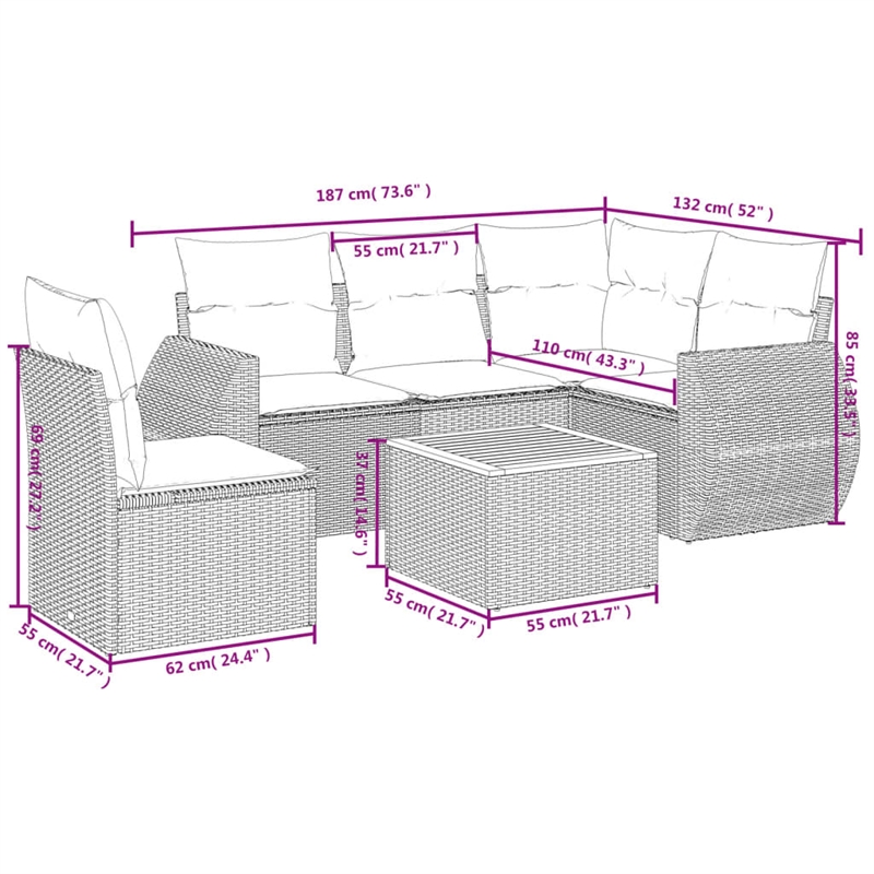 Afuera Living Contemporary 6 Piece Poly Rattan Sofa Set in Gray