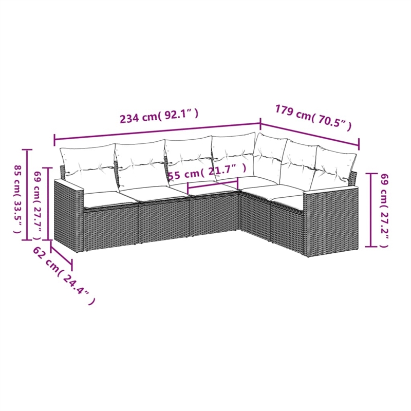Afuera Living 6 Piece Poly Rattan Patio Sofa Set in Black/Blue
