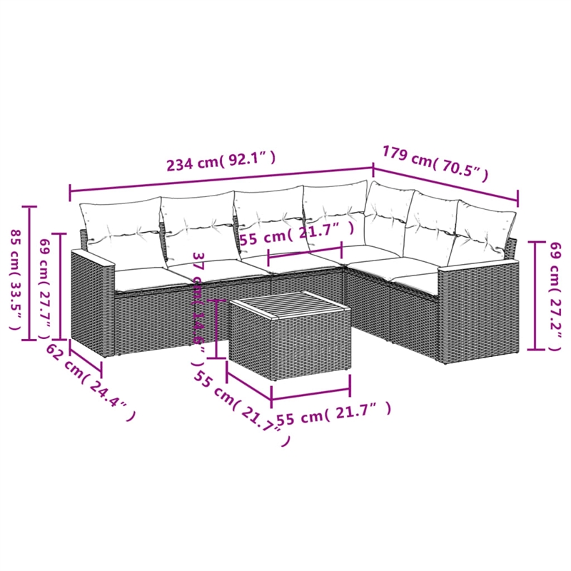 Afuera Living Contemporary 7 Piece Poly Rattan Sofa Set in Gray