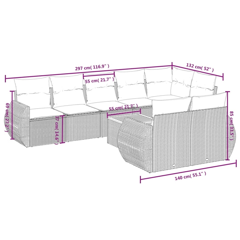 Afuera Living Contemporary 9 Piece Poly Rattan Sofa Set in Gray/Beige