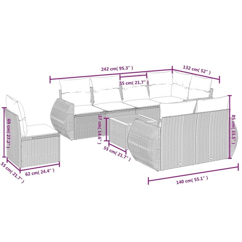 Afuera Living Contemporary Synthetic Poly Rattan 9 Piece  Sofa Set in Gray
