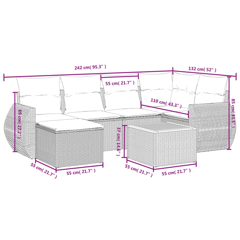 Afuera Living Contemporary 7 Piece Poly Rattan Sofa Set in Gray