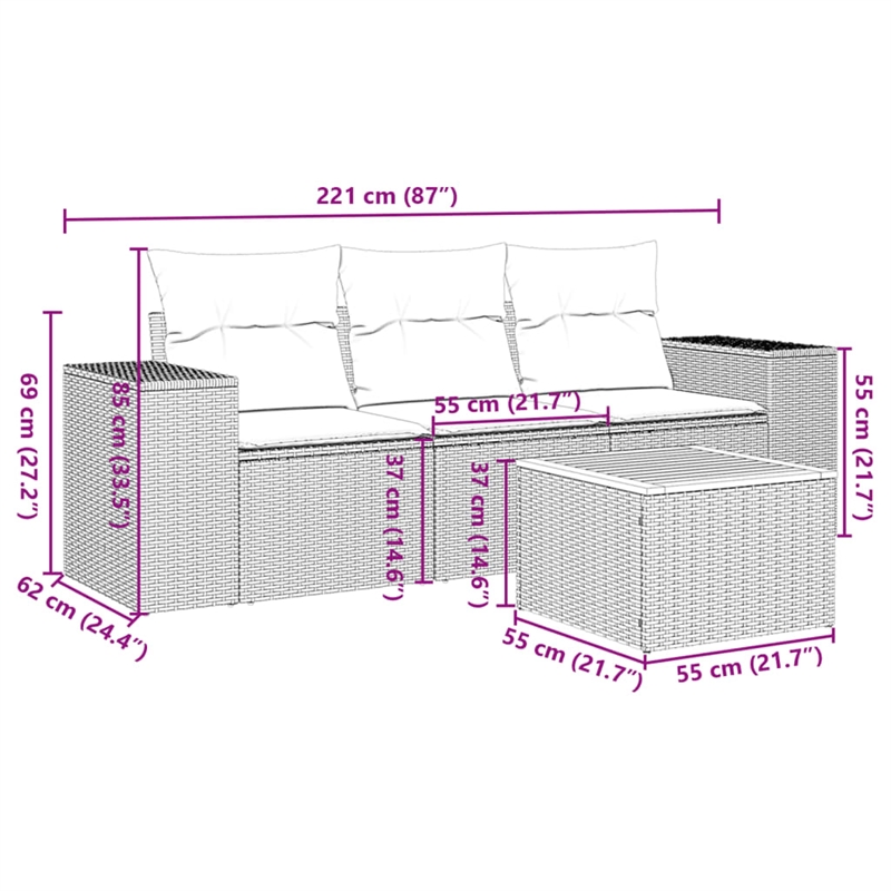 Afuera Living Contemporary 4 Piece Poly Rattan Sofa Set in Black/Cream
