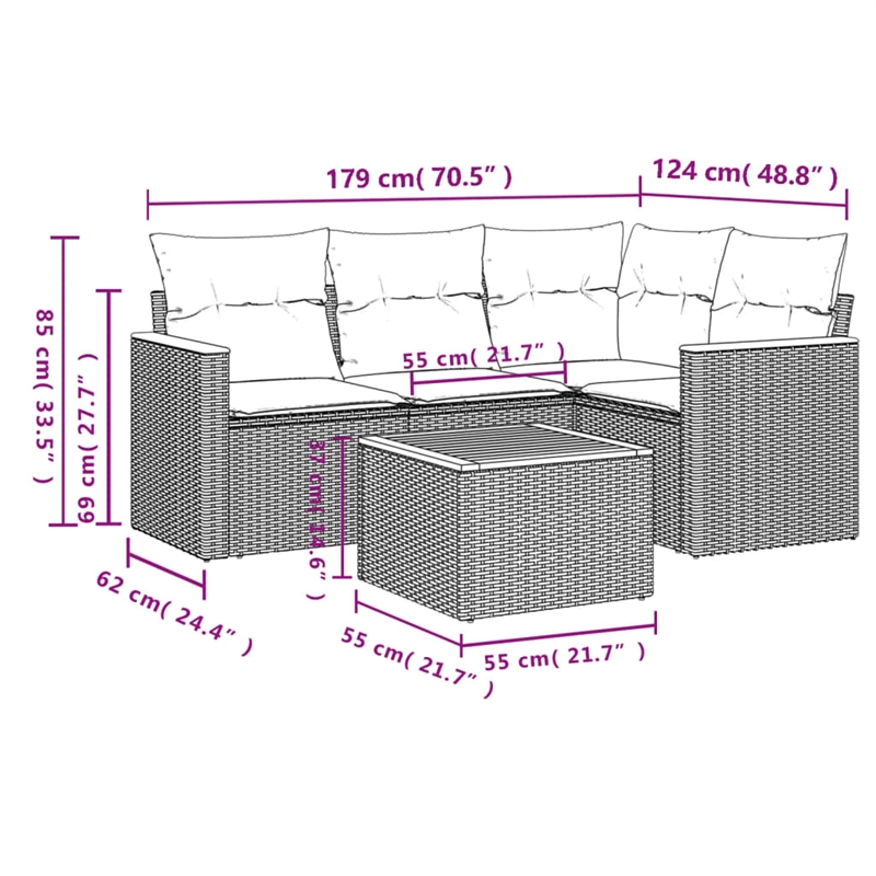 Afuera Living Contemporary 5 Piece Poly Rattan Sofa Set in Gray