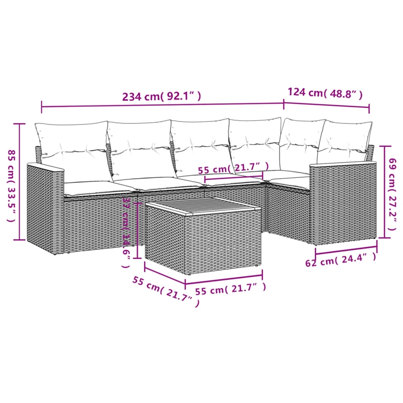 Afuera Living Contemporary 6 Piece Poly Rattan Sofa Set in Gray/Beige