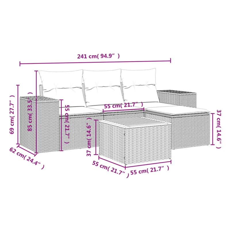 Afuera Living Contemporary Synthetic Poly Rattan 5 Piece  Sofa Set in Beige