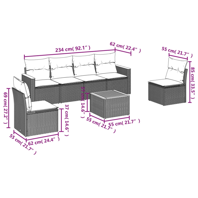 Afuera Living Contemporary 7 Piece Poly Rattan Sofa Set in Black/Cream