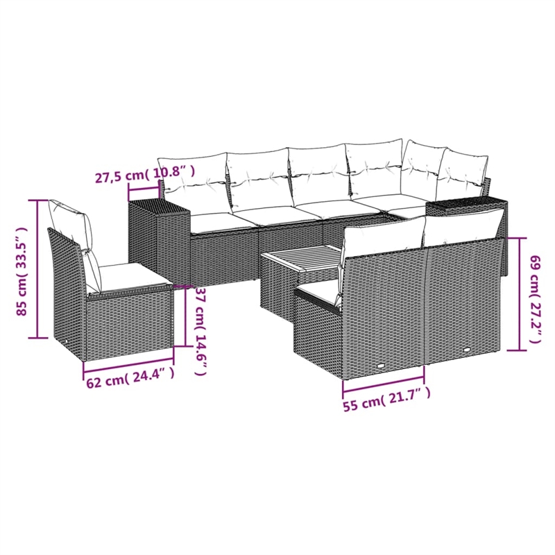 Afuera Living Contemporary 9 Piece Poly Rattan Sofa Set in Black/Cream