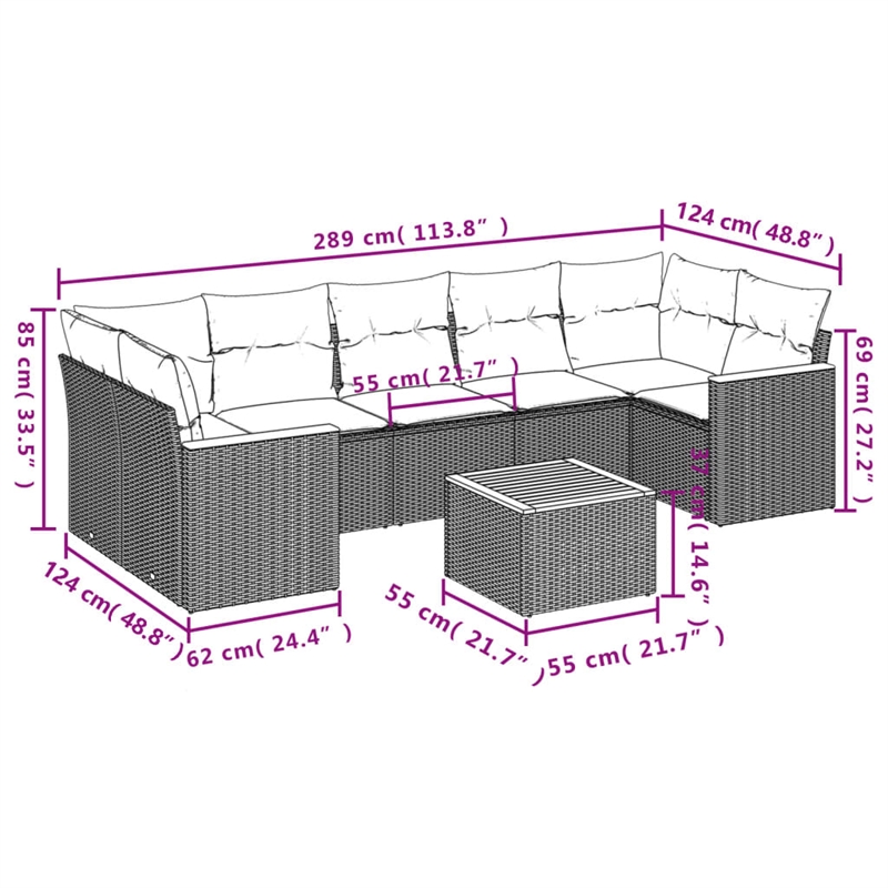 Afuera Living Contemporary 8 Piece Poly Rattan Sofa Set in Gray