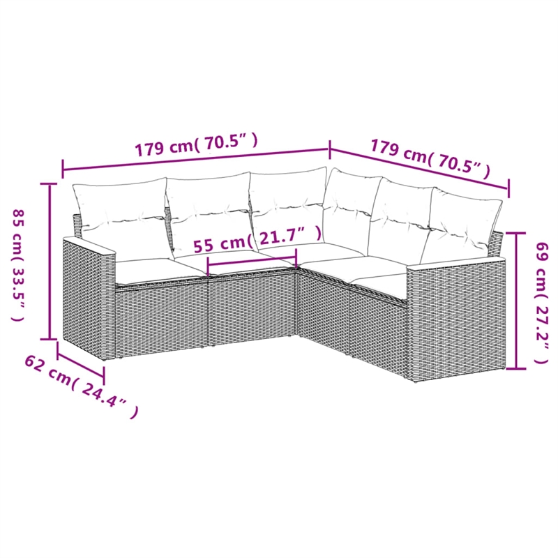 Afuera Living Contemporary 5 Piece Poly Rattan Sofa Set in Gray
