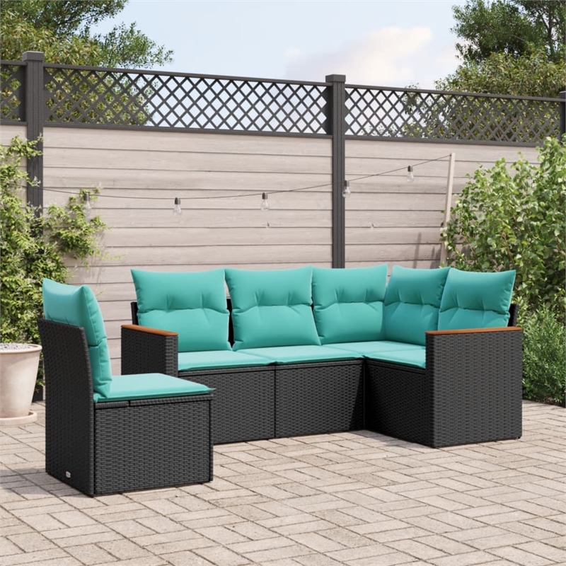 Afuera Living 5 Piece Poly Rattan Small Patio Sofa Set in Black/Blue