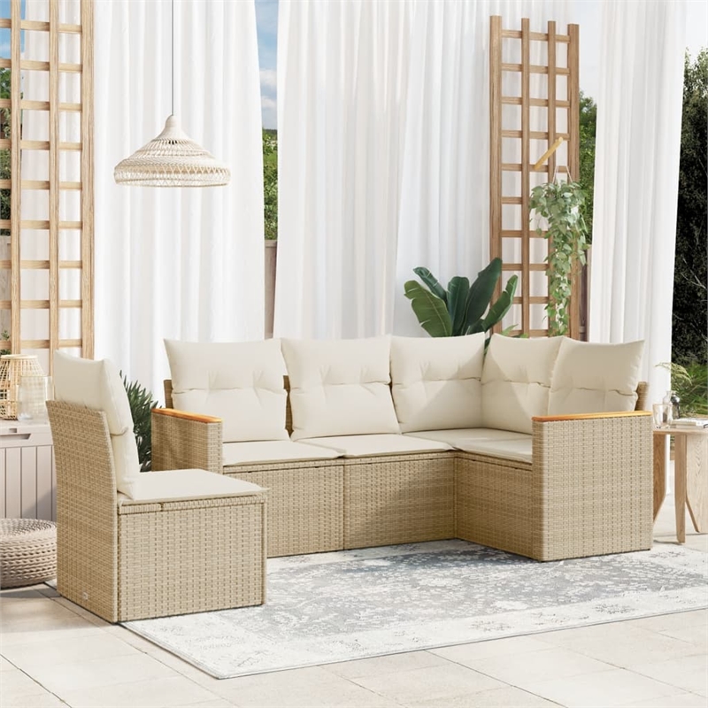 Afuera Living Contemporary Synthetic Poly Rattan 5 Piece Sofa Set in Beige