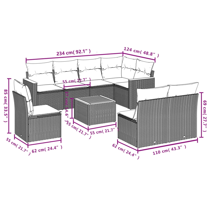 Afuera Living Contemporary 9 Piece Poly Rattan Sofa Set in Black
