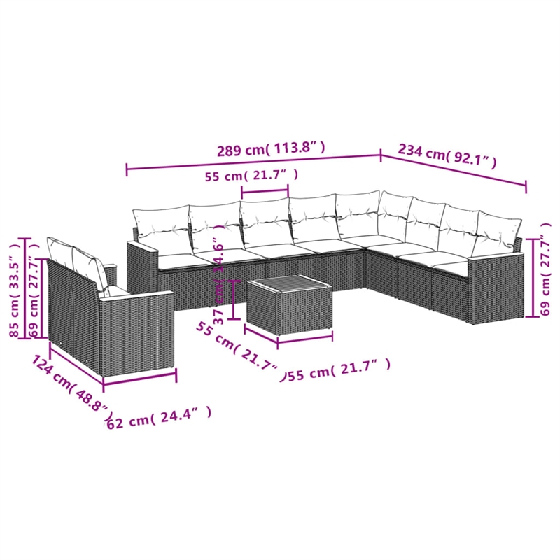 Afuera Living Contemporary 11 Piece Poly Rattan Sofa Set in Gray