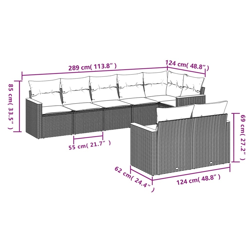 Afuera Living Contemporary 8 Piece Poly Rattan Large Sofa Set in Black