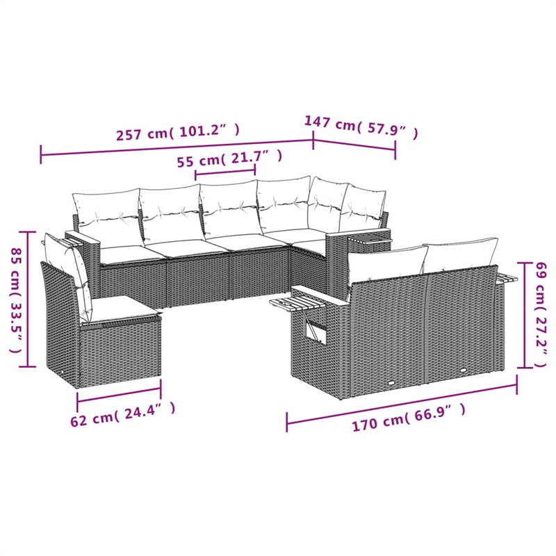 Afuera Living Contemporary Synthetic Poly Rattan 8 Piece  Sofa Set in Beige