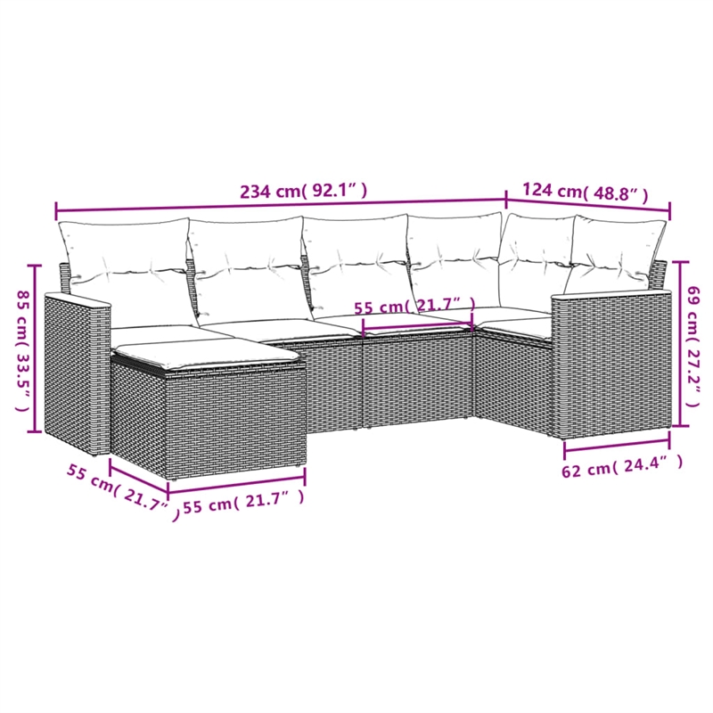 Afuera Living Contemporary Synthetic Poly Rattan 6 Piece  Sofa Set in Beige