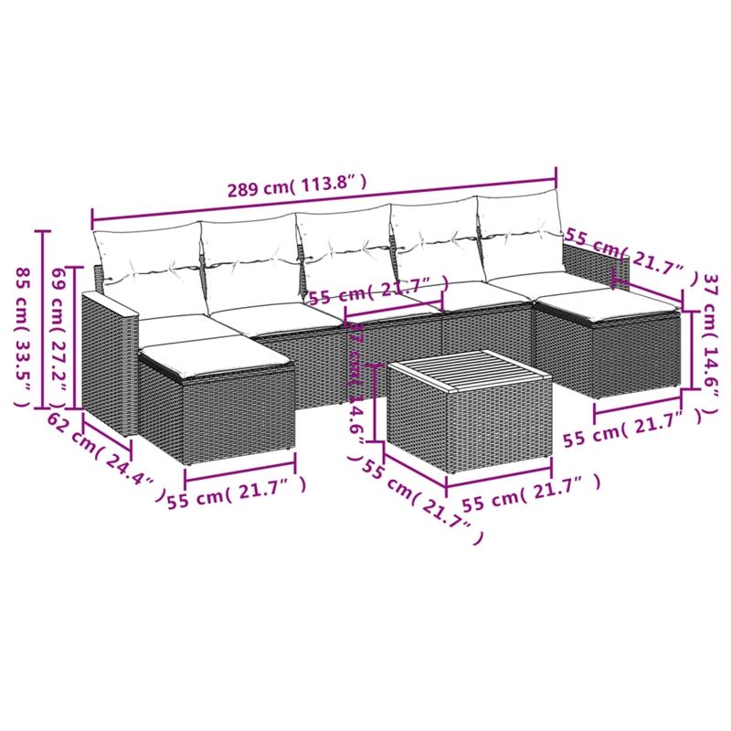 Afuera Living Contemporary 8 Piece Poly Rattan Sofa Set in Gray