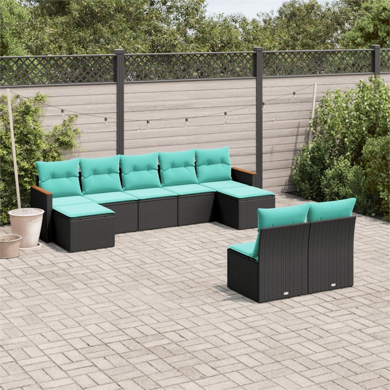 Afuera Living 9 Piece Poly Rattan Patio Sofa Set in Black/Blue