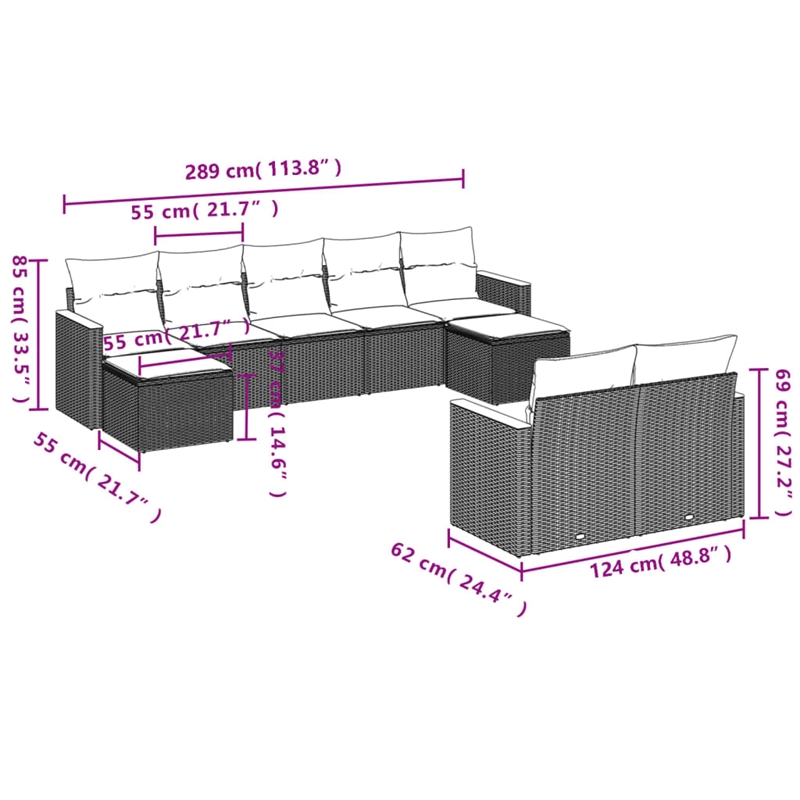 Afuera Living Contemporary 9 Piece Poly Rattan Sofa Set in Gray