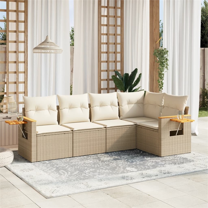Afuera Living Contemporary 5 Piece Poly Rattan Sofa Set in Cream/Beige