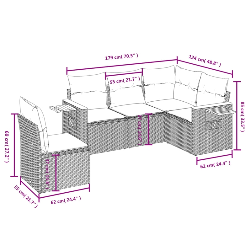 Afuera Living Contemporary 5 Piece Poly Rattan Sofa Set in Black/Cream
