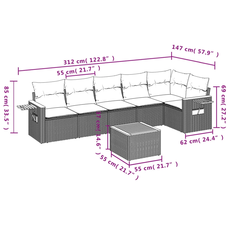 Afuera Living Contemporary 7 Piece Poly Rattan Sofa Set in Gray