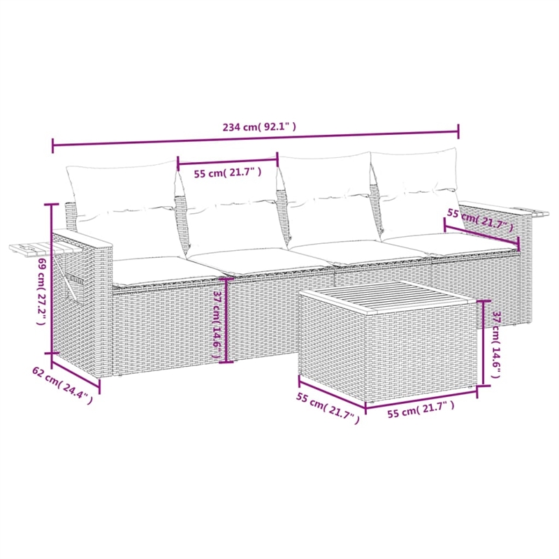 Afuera Living Contemporary Synthetic Poly Rattan 5 Piece  Sofa Set in Gray