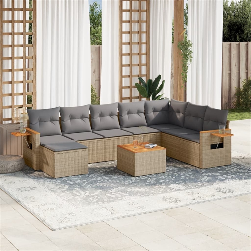 Afuera Living Contemporary Synthetic Poly Rattan 9 Piece Sofa Set in Beige