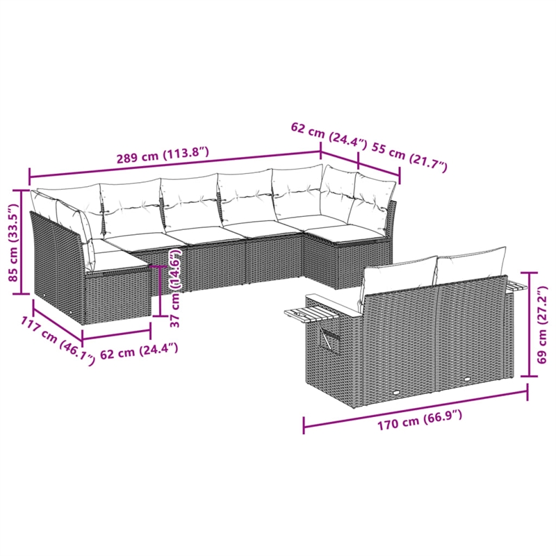 Afuera Living Contemporary 9 Piece Poly Rattan Sofa Set in Gray