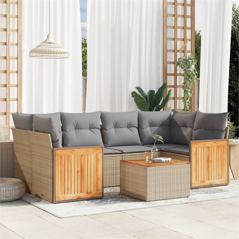 Afuera Living Contemporary 7 Piece Poly Rattan Large Sofa Set in Beige