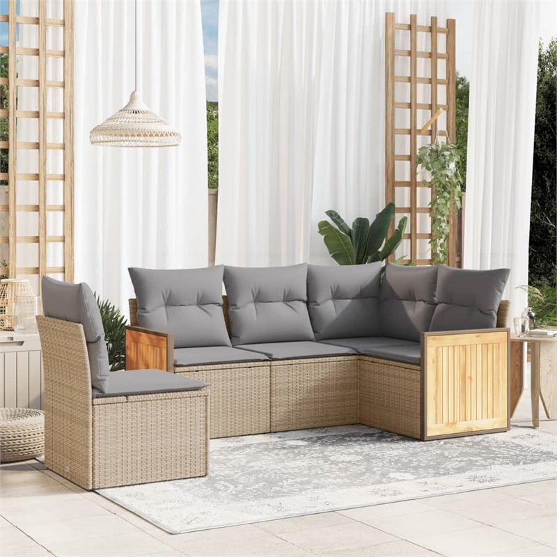 Afuera Living Contemporary Synthetic Poly Rattan 5 Piece  Sofa Set in Beige