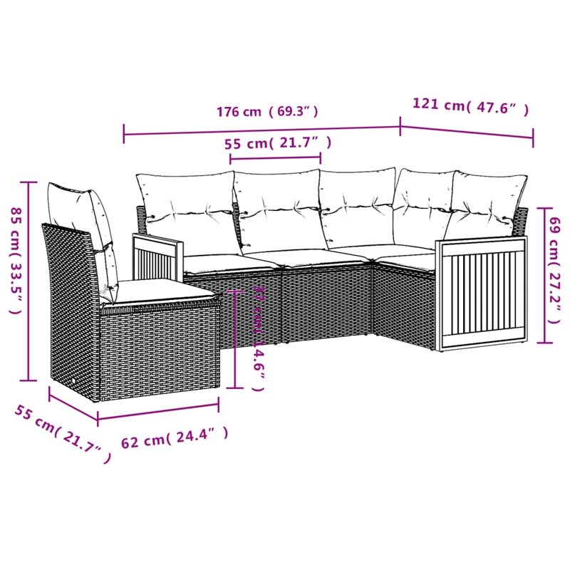 Afuera Living Contemporary 5 Piece Poly Rattan Sofa Set in Gray