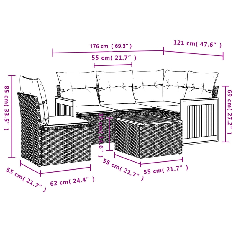 Afuera Living Contemporary 6 Piece Poly Rattan Sofa Set in Dark Gray