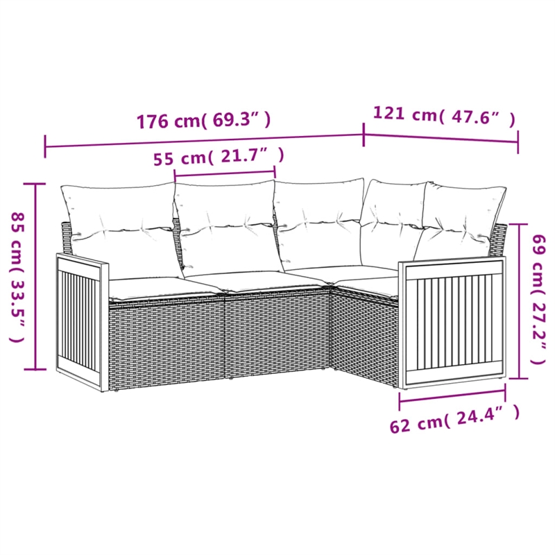 Afuera Living Contemporary Synthetic Poly Rattan 4 Piece  Sofa Set in Gray