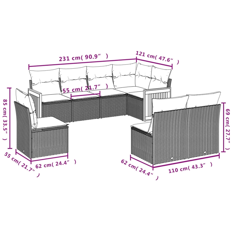 Afuera Living Contemporary 8 Piece Poly Rattan Large Sofa Set in Black