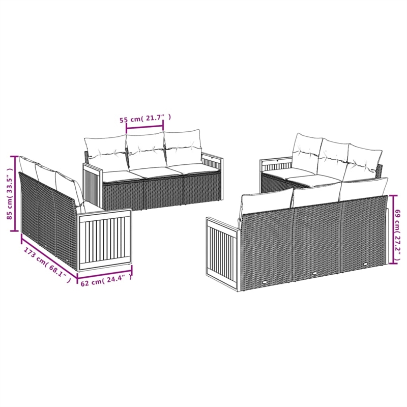 Afuera Living Contemporary 12 Piece Poly Rattan Sofa Set in Black