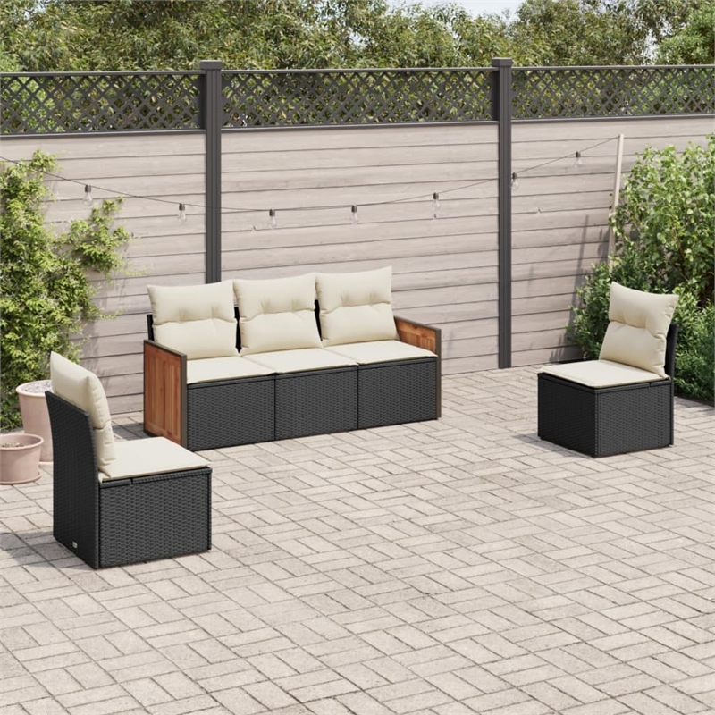 Afuera Living Contemporary 5 Piece Poly Rattan Sofa Set in Black/Cream