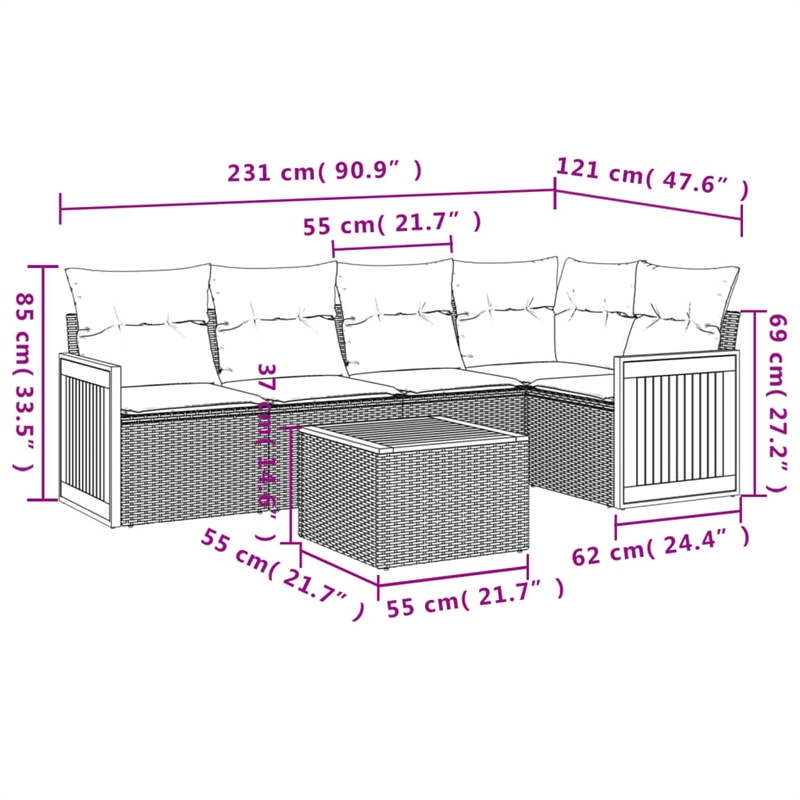 Afuera Living Contemporary 6 Piece Poly Rattan Large Sofa Set in Black